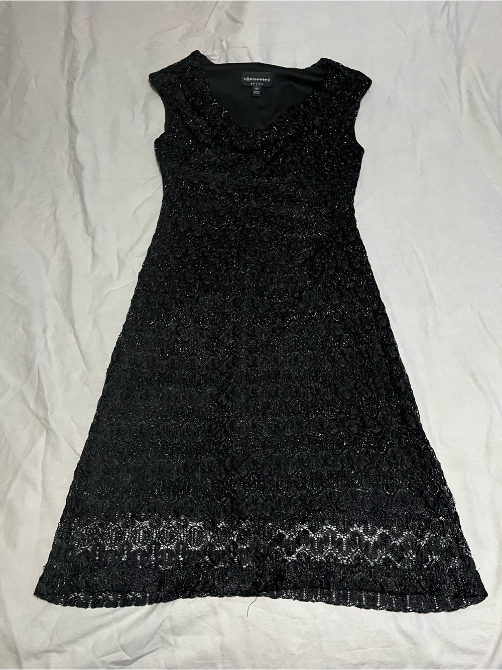 connected apparel Black Lace Cap-Sleeve A-Line Dress cowl neck